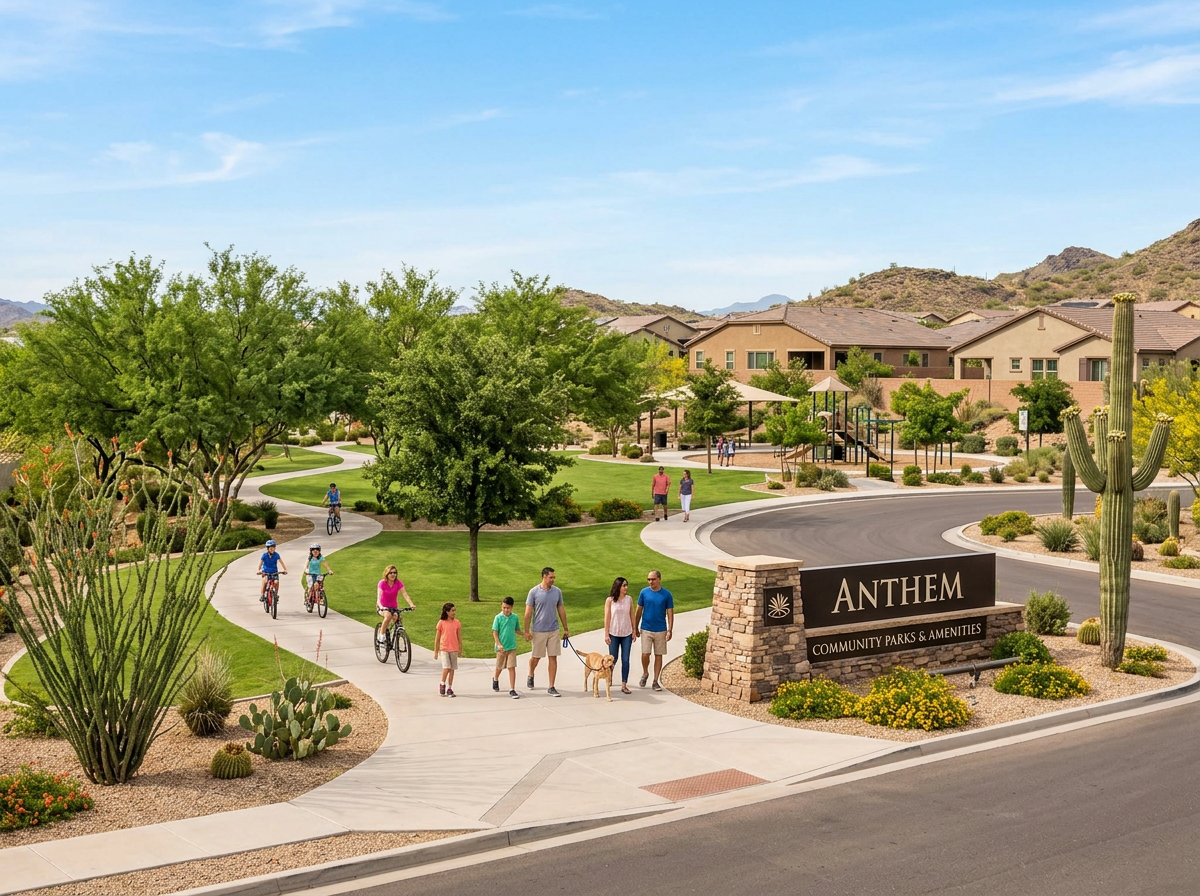 Scenic street view of luxury homes in the Anthem master-planned desert community