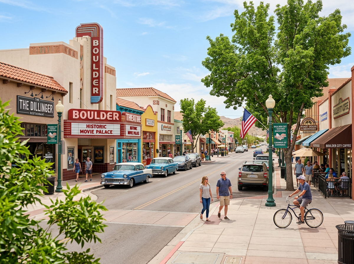 Charming historic downtown streetscape and community green spaces in Boulder City