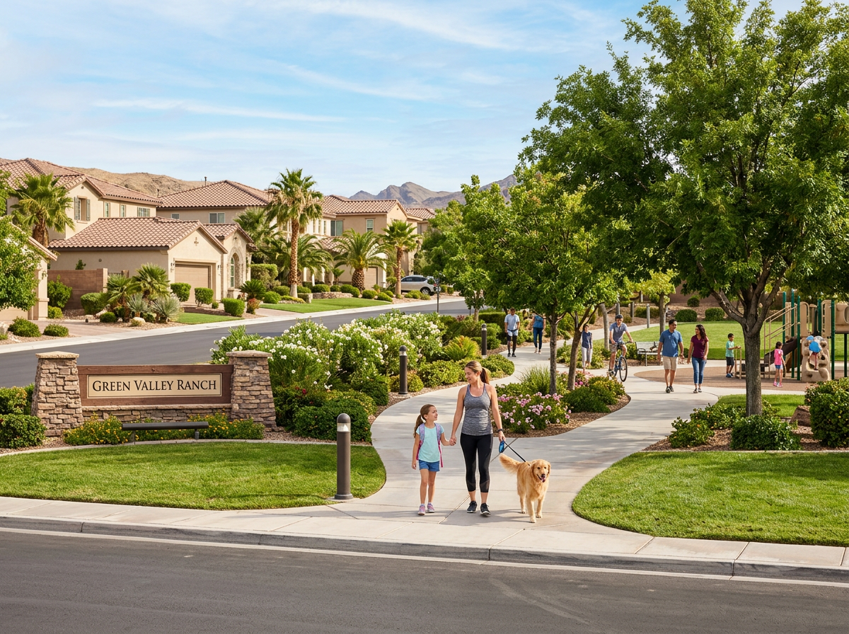 Aerial view of a tree-lined residential neighborhood in Green Valley, Henderson
